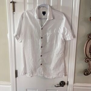 J Crew Mens M White Linen Blend Short Sleeve Button Up Shirt
